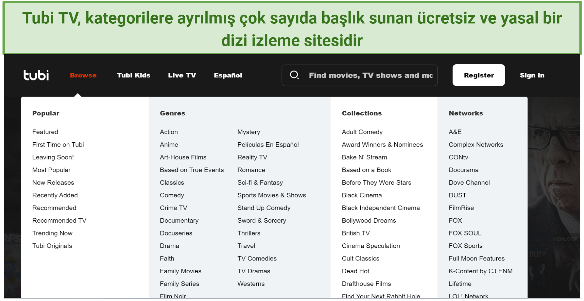A screenshot of Tubi TV's homepage showing the content genres and collections you can browse through on its Browse tab