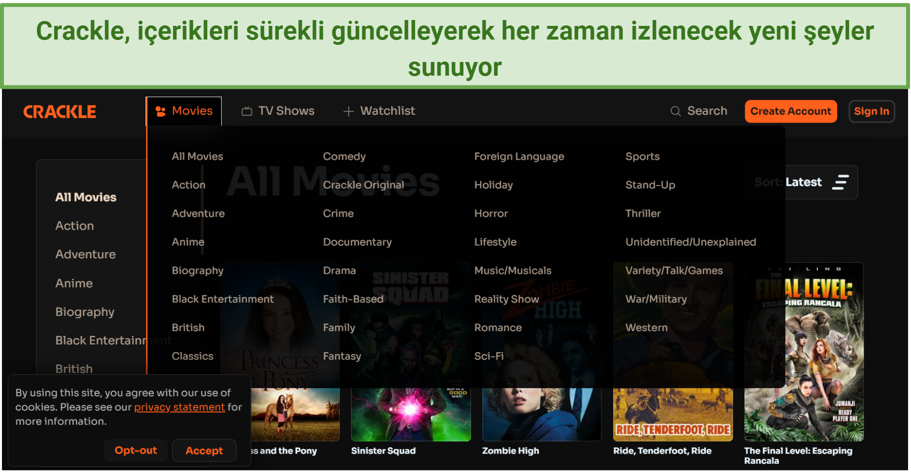 Screenshot of Crackle's interface showing all the content categories.