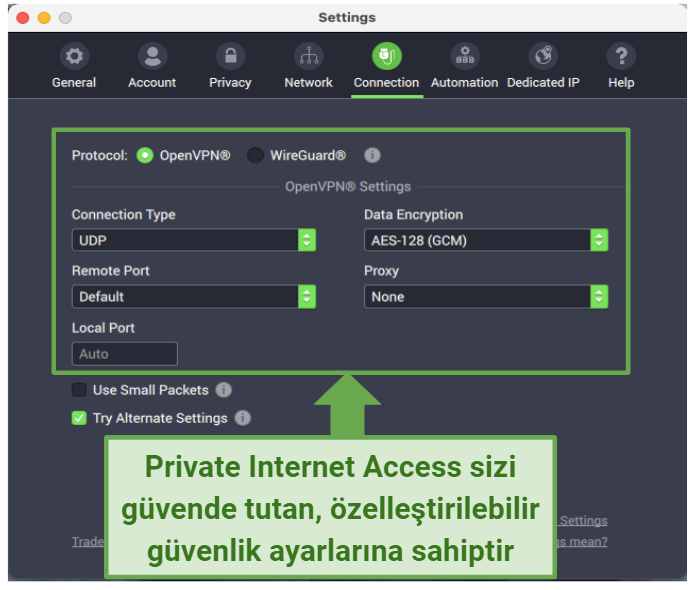 Graphic showing PIA security settings
