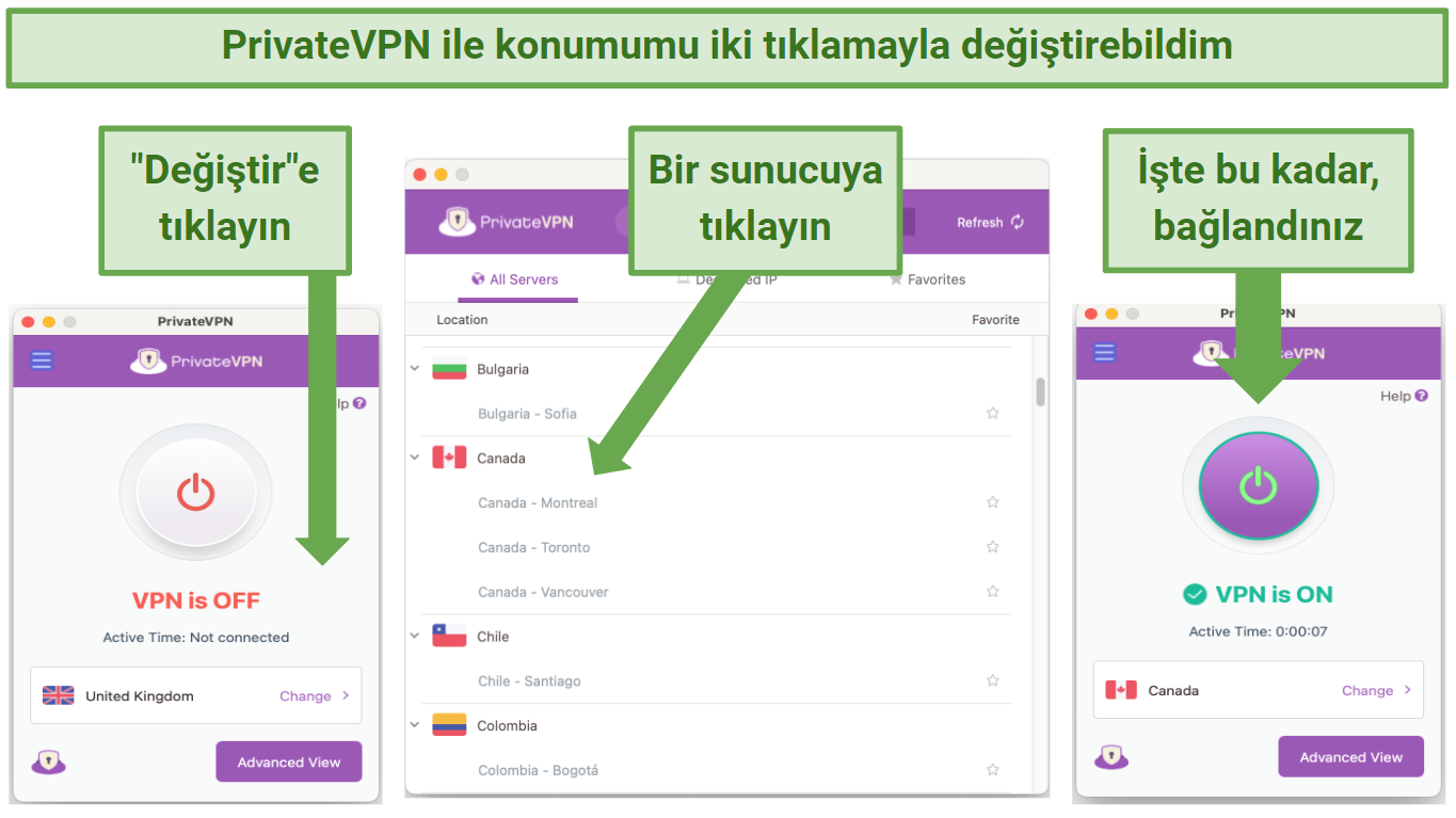 Screenshot showing how to change locations on PrivateVPN with 2 clicks