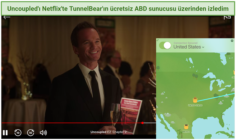 Screenshot of TunnelBear's free US server accessing Netflix