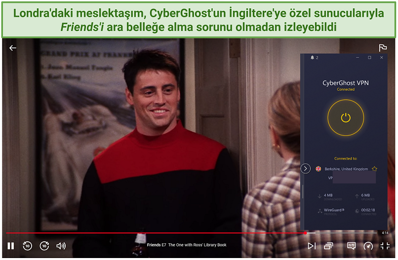 Screenshot of CyberGhost's optimized Netflix UK server unblocking Friends on UK Netflix