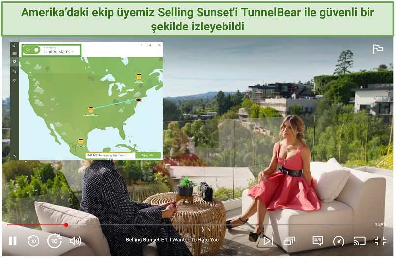 Screenshot of Netflix streaming Selling Sunset with TunnelBear active