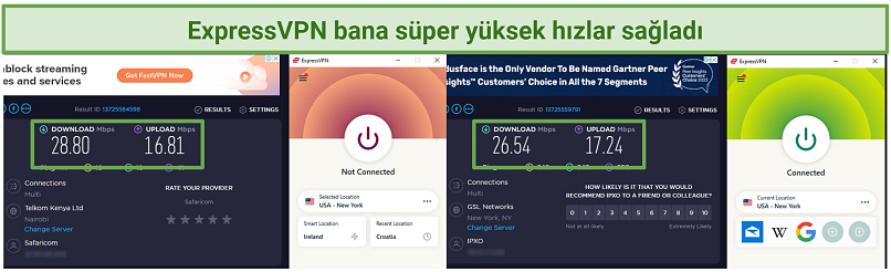 Screenshot showing a side by side speed test results without VPN and with ExpressVPN connected to US server