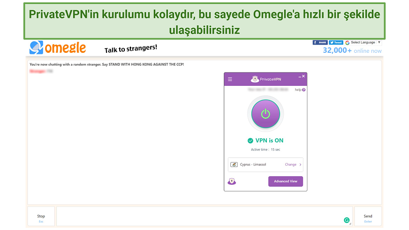 Screenshot of PrivateVPN accessing Omegle while connected to the Cyprus server