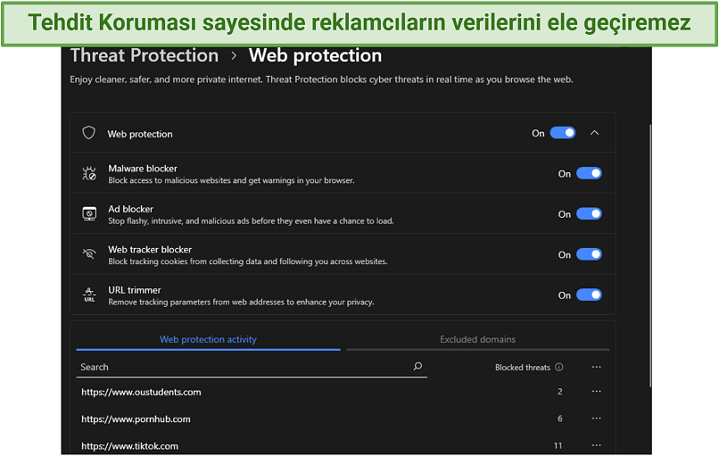 A screenshot of NordVPN's Threat Protection showing its customizable features