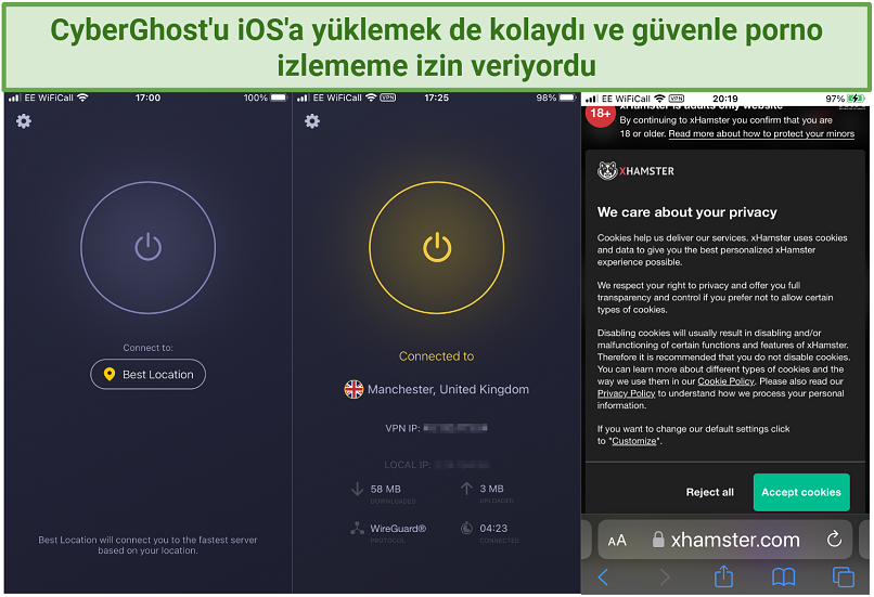 A screenshot showing the CyberGhost iOS app connecting to a server in the UK for watching porn safely on xHamster