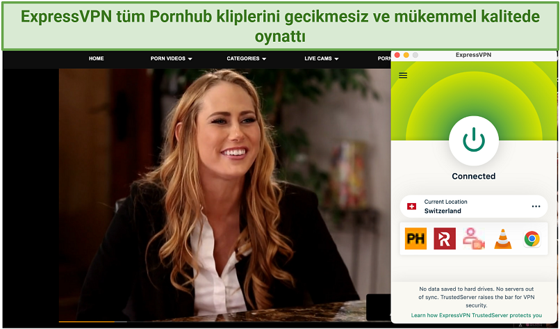 A screenshot showing the ExpressVPN app connected to a server in Switzerland over a browser streaming Pornhub