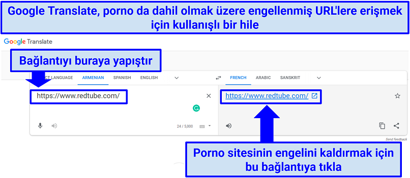 A screenshot showing you can use Google Translate to unblock porn websites