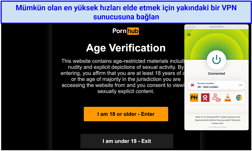 A screenshot showing the ExpressVPN app connected to a server in the UK over the PornHub age verification page