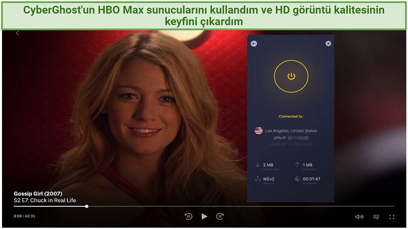 Watching Gossip Girl on HBO Max using CyberGhost's optimized US server