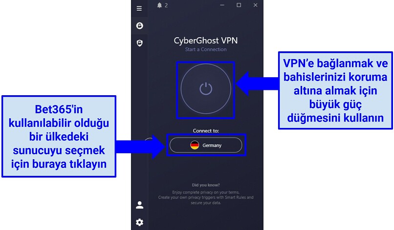 Screenshot of CyberGhost's user interface showing how to choose a server and connect