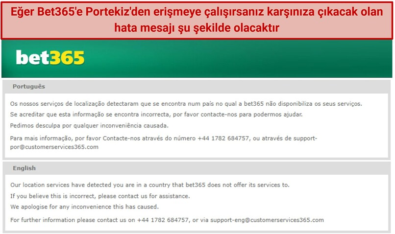 A screenshot of bet365's location error message in Portuguese and English