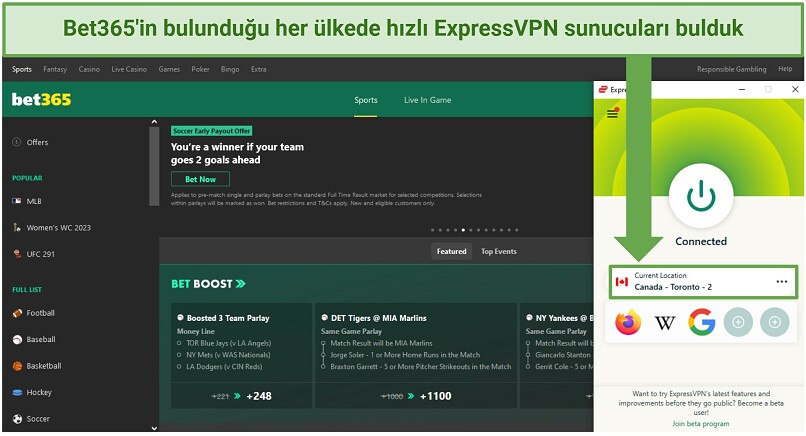 Screenshot of Bet365's homepage while ExpressVPN is connected to a server in Canada