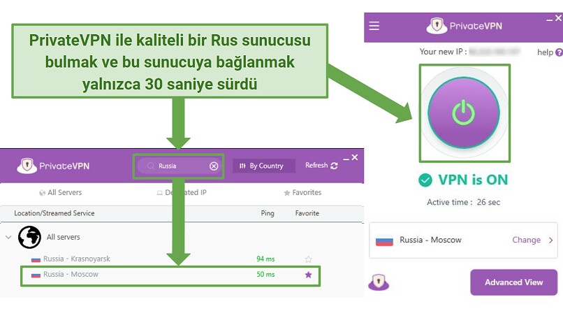 Screenshot showing how to connect to a Russian PrivateVPN server