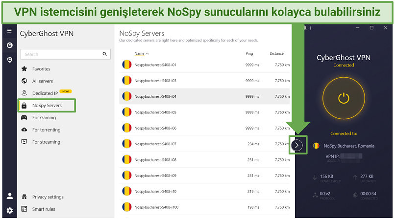 CyberGhost'un NoSpy sunucularına nasıl erişileceğini gösteren ekran görüntüsü