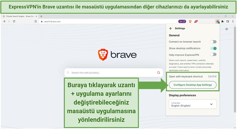 ExpressVPN's Brave browser extension displaying where you can click to configure the app settings