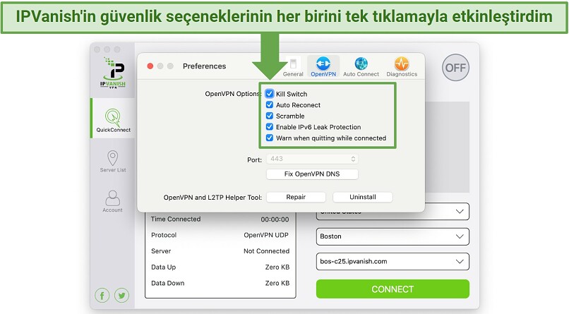 Screenshot showing the security settings on the IPVanish Preferences panel