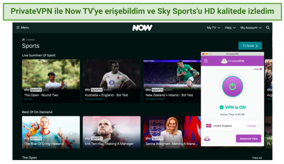 Screenshot of PrivateVPN unblocking Sky Sports on Now TV