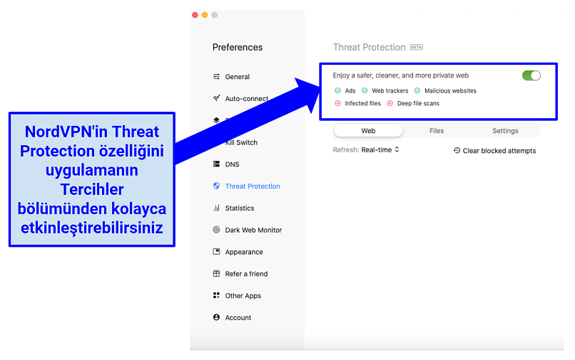 Screenshot of the NordVPN MacOS app highlighting the Threat Protection feature