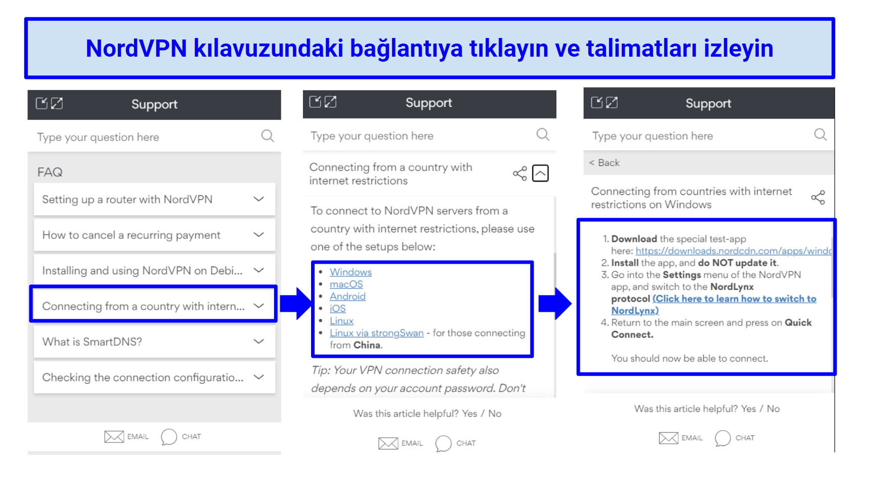 A screenshot of NordVPN's help chat which explains how to use NordVPN in China