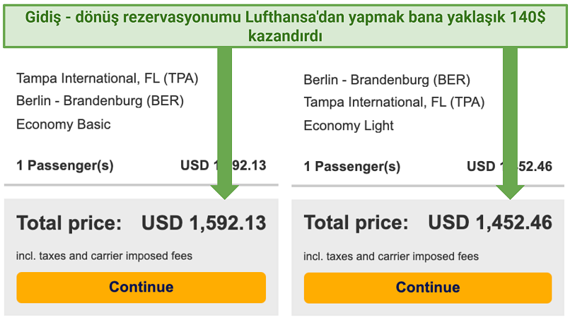 Screenshot showing fare savings on flights when booking a roundtrip versus one way