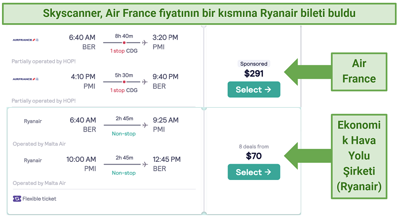 Screenshot showing flight comparisons on Skyscanner between Air France and Ryanair