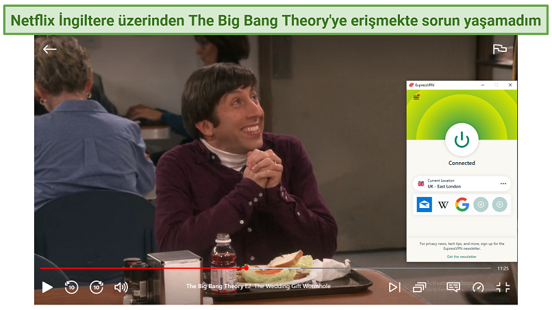 Screenshot showing The Big Bang Theory Playing on Netflix, with ExpressVPN connected to a UK- East London server