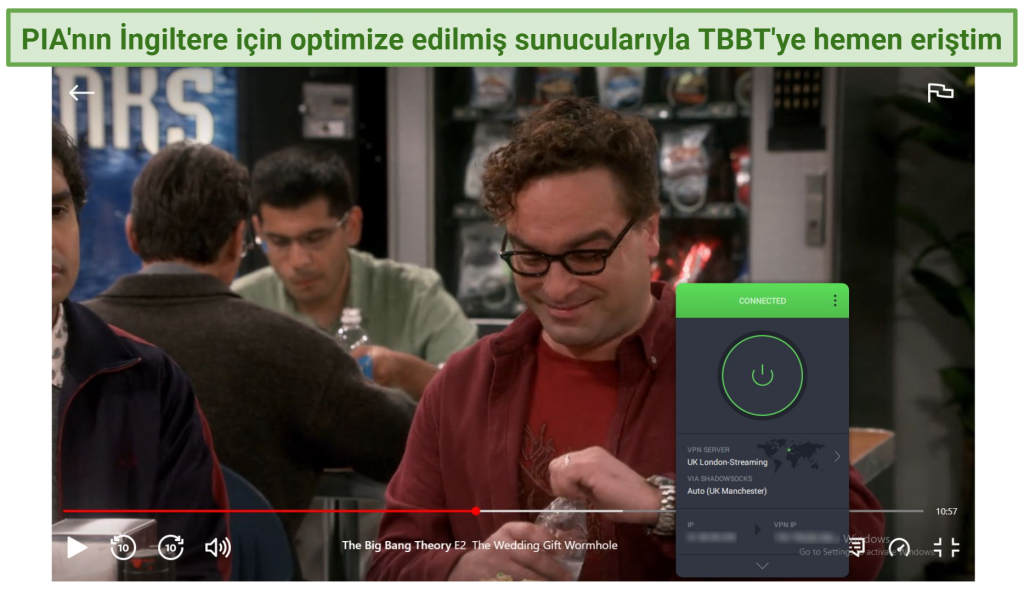 Screenshot showing The Big Bag Theory playing on Netflix using PIA's UK-optimized streaming servers.