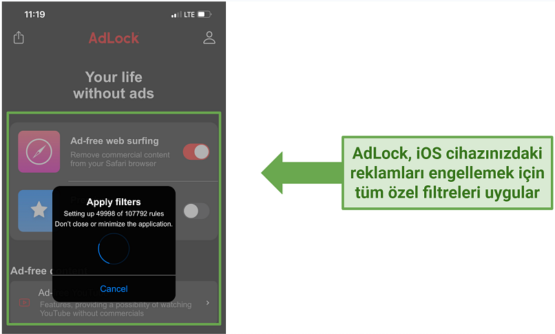 Screenshot of AdLock's iOS interface