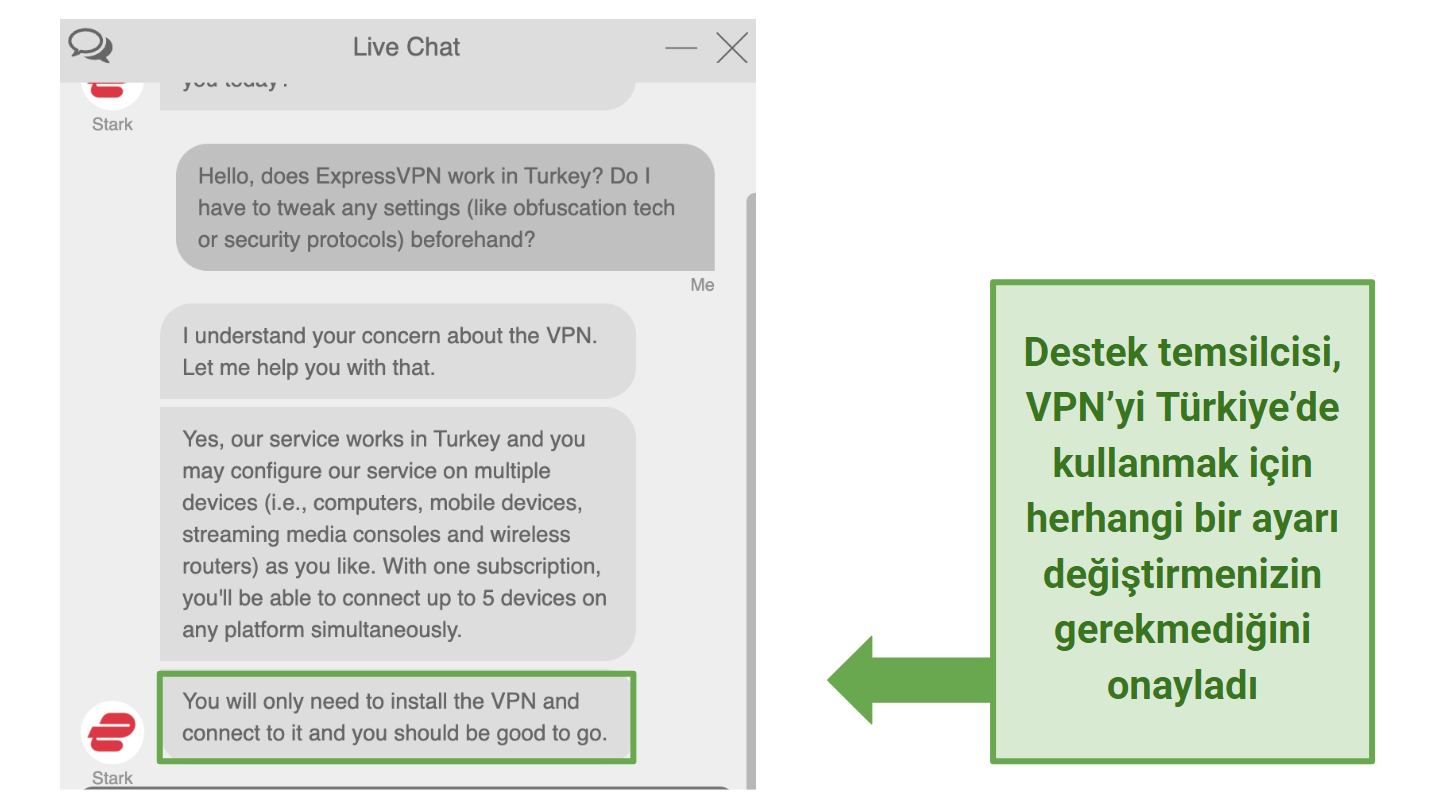 Screenshot of a convo with ExpressVPN's agent via live chat