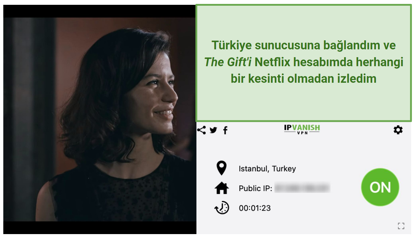 Screenshot of IPVanish unblocking Netflix Turkey