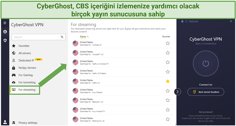 a screenshot of CyberGhost's streaming-optimized servers for platforms that can stream CBS