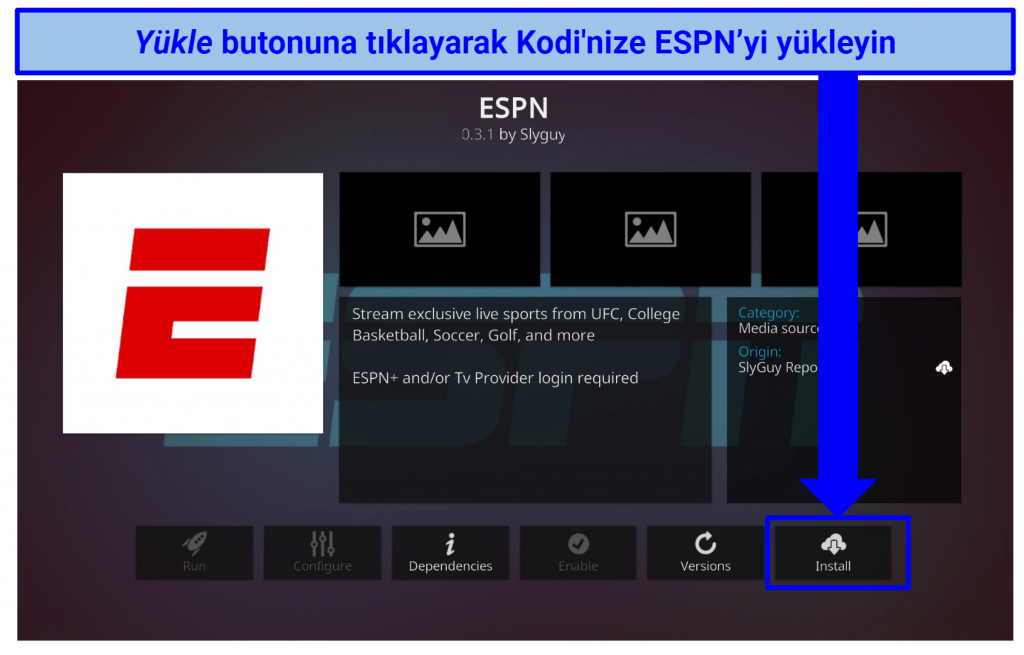 Screenshot of ESPN addon in Kodi