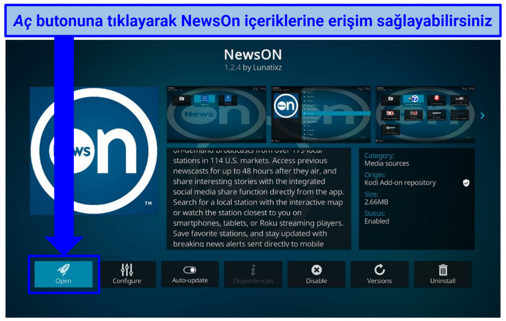 Screenshot of NewsOn addon in Kodi