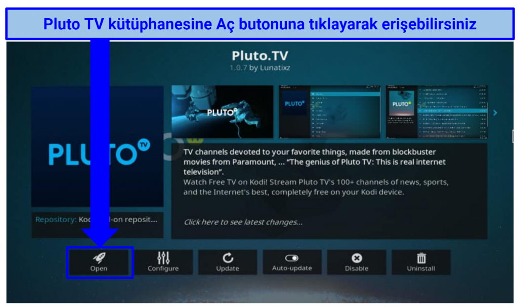 Screenshot of Pluto TV addon in Kodi