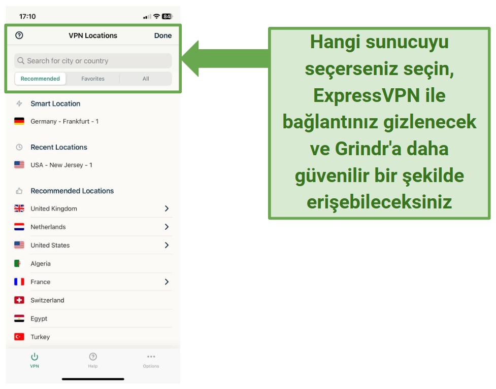 A screenshot of ExpressVPN's iOS app showing its server locations menu