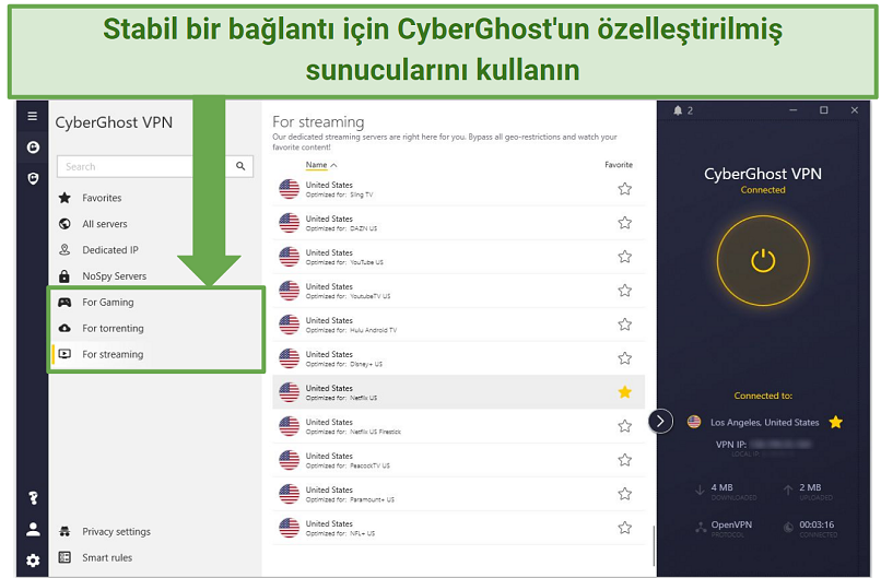 Screenshot of the CyberGhost app showing its optimized servers