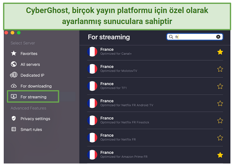 Screenshot of CyberGhost streaming-optimized servers