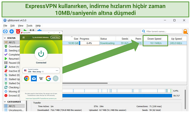Screenshot of ExpressVPN's fast torrenting speeds