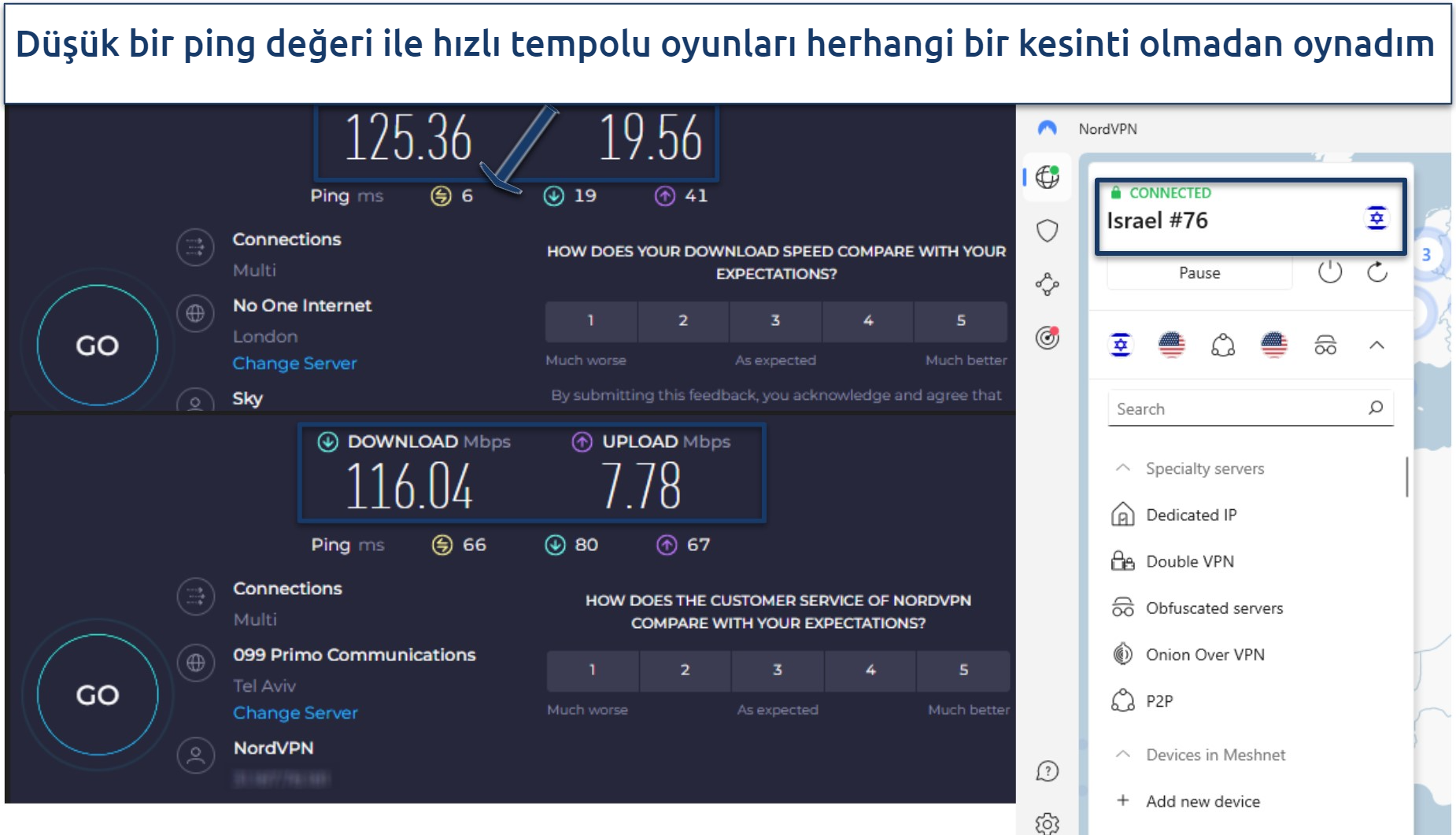 Screenshot of speed tests of NordVPN, with the VPN connected to an Israel server