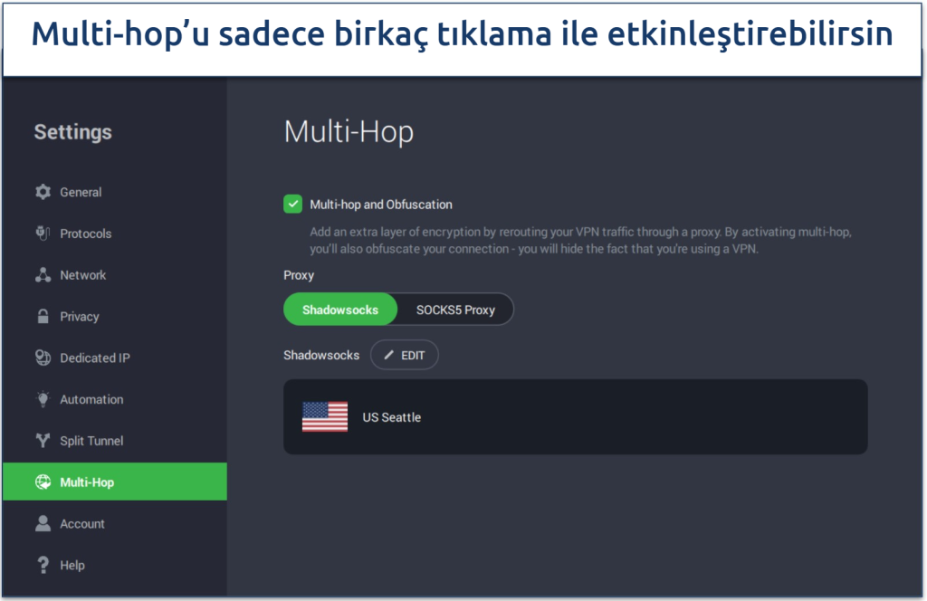 Screenshot of the PIA Windows app with its Multi-hop and obfuscation settings enabled