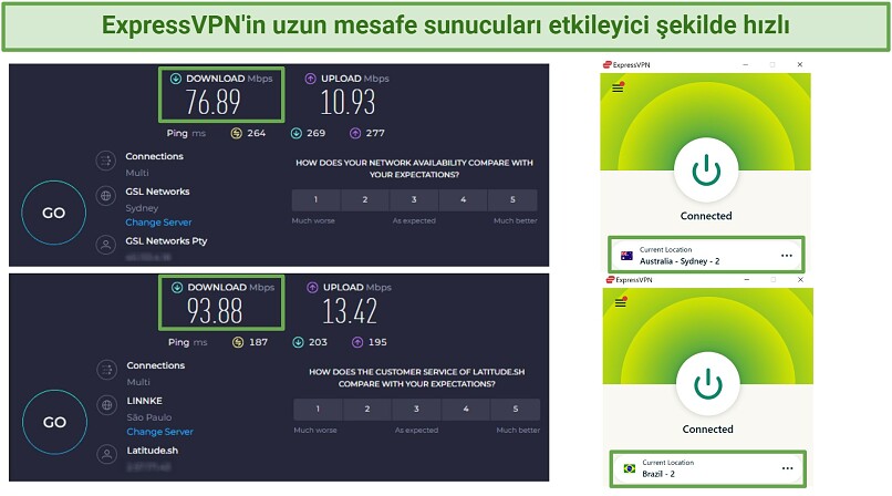 VPN bağlantısı olmadan ve ExpressVPN'in Brezilya 2 sunucusuna bağlıyken yapılan Ookla hız testlerinin ekran görüntüsü