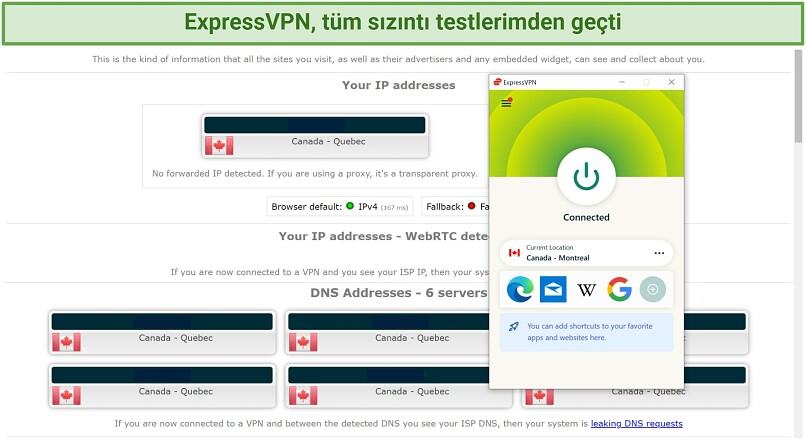 Bir test kullanıcısının ipleak.net üzerinden ExpressVPN'in Montreal sunucusuna bağlanmışken yaptığı sızıntı testinin ekran görüntüsü