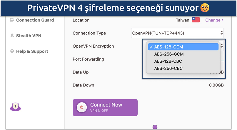 Screenshot of PrivateVPN's customizable security settings