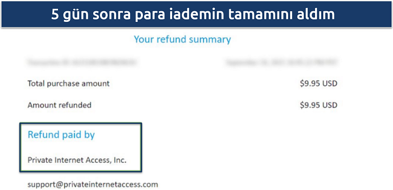 Screenshot showing the money-back guarantee refund issued by PIA