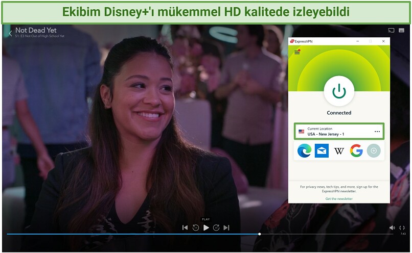 ExpressVPN'in ABD New Jersey 1 sunucusuna bağlanmışken Disney+'da Not Dead Yet'i yayınlayan ekran görüntüsü