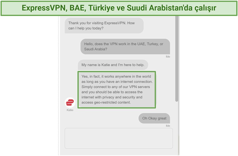 ExpressVPN destek ekibiyle yapılan sohbetin ekran görüntüsü, dünya çapında çalıştığını doğruluyor
