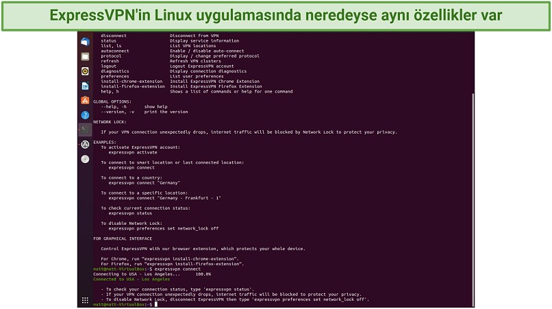 ExpressVPN Linux uygulamasının Los Angeles konumuna bağlandığı ekran görüntüsü