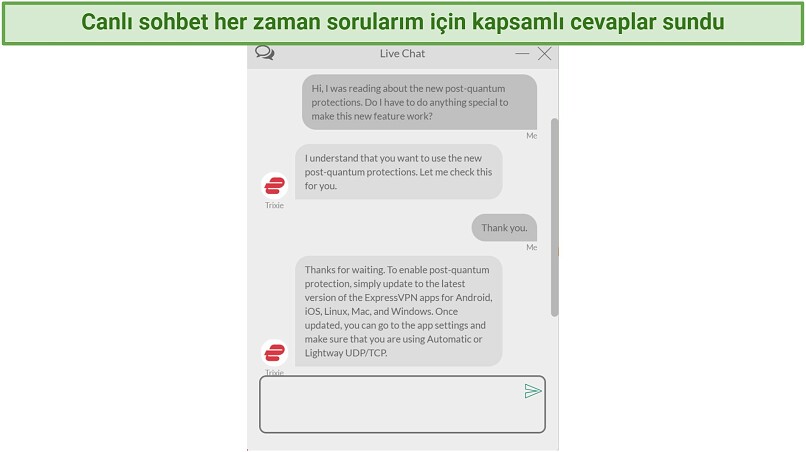 ExpressVPN'in canlı sohbetinde bir temsilciyle post-kvantum koruma özelliğini nasıl kullanabileceğimi tartışırken çekilmiş ekran görüntüsü